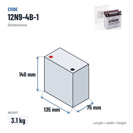 Bateria de mota Exide 12N9-4B-1 12V 9Ah 85A – medidas 135 × 75 × 140 mm
