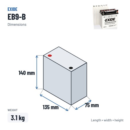 Motorcycle battery Exide EB9-B 12V 9Ah 100A | baterias.com