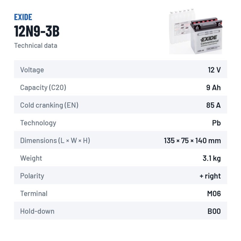 Bateria de mota Exide 12N9-3B 12V 9Ah 85A – ficha técnica