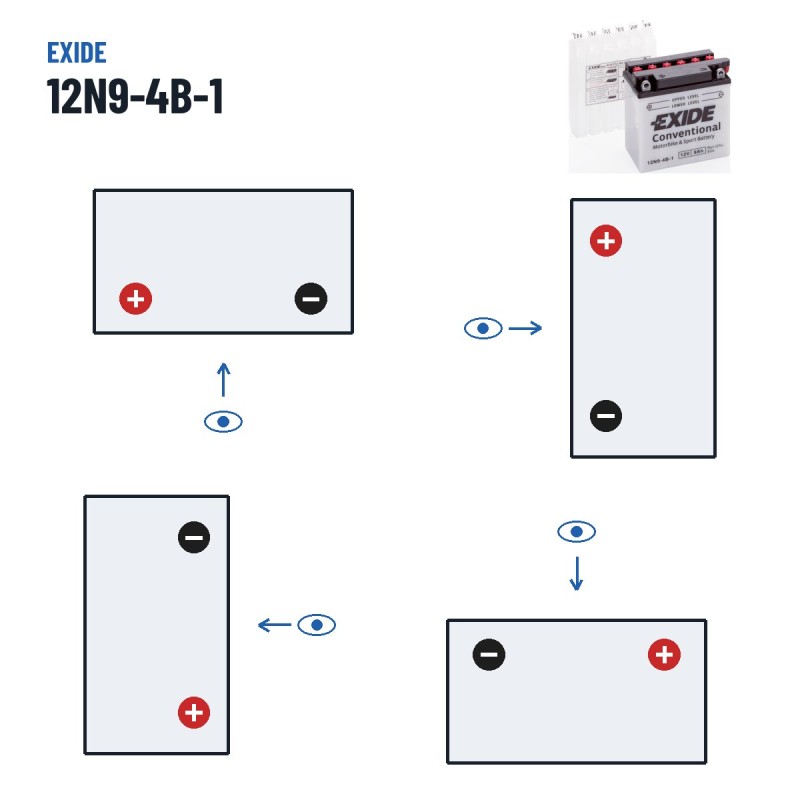 Batteria moto Exide 12N9-4B-1 12V 9Ah 85A – polarità (schema 1, + a sinistra)