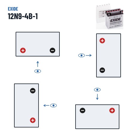 Batteria moto Exide 12N9-4B-1 12V 9Ah 85A – polarità (schema 1, + a sinistra)