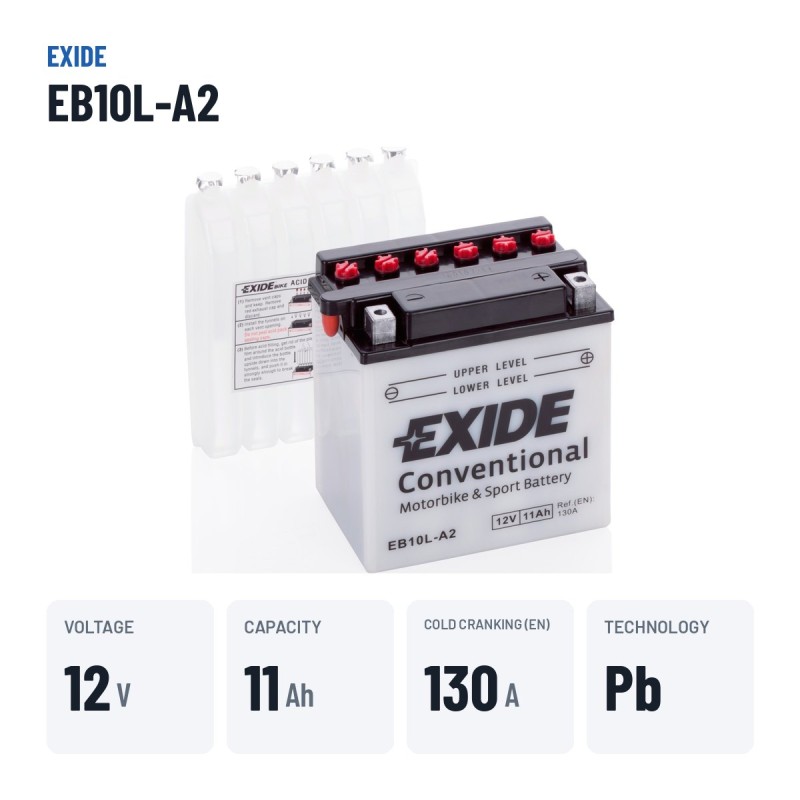 Motorcycle battery Exide EB10L-A2 12V 11Ah 130A – key specs