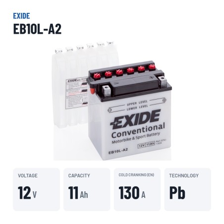 Batería de moto Exide EB10L-A2 12V 11Ah 130A | baterias.com