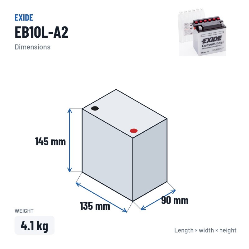 Batería de moto Exide EB10L-A2 12V 11Ah 130A | baterias.com