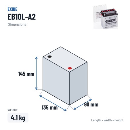 Batería de moto Exide EB10L-A2 12V 11Ah 130A | baterias.com