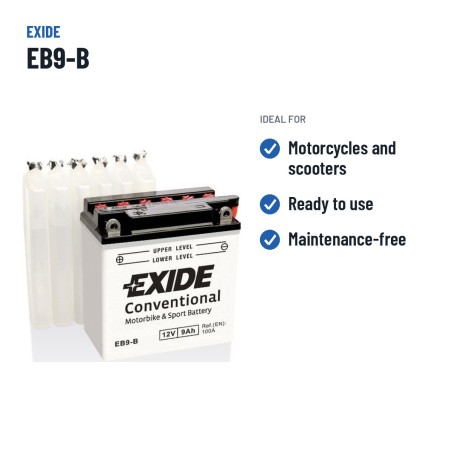 Motorcycle battery Exide EB9-B 12V 9Ah 100A | baterias.com