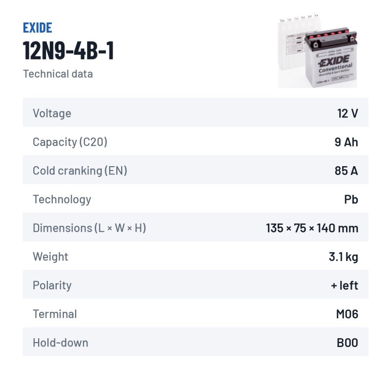 Batterie moto Exide 12N9-4B-1 12V 9Ah 85A – fiche technique