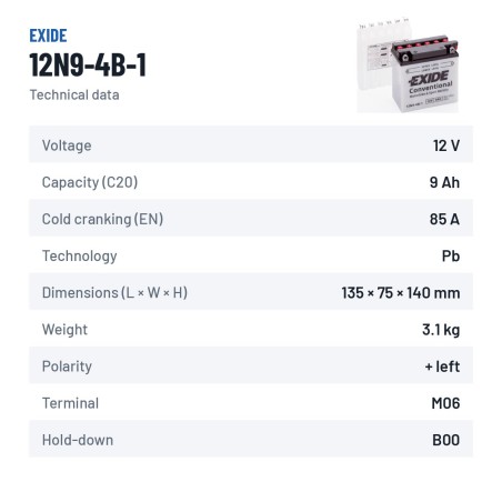 Bateria de mota Exide 12N9-4B-1 12V 9Ah 85A – ficha técnica