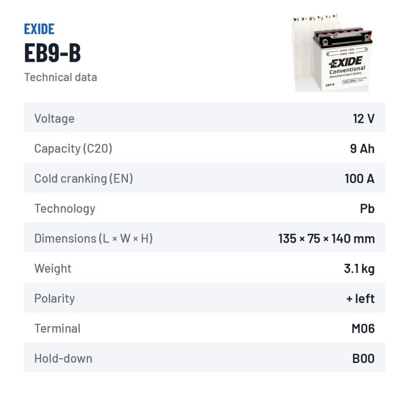 Batteria moto Exide EB9-B 12V 9Ah 100A – scheda tecnica