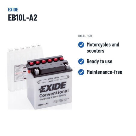 Batería de moto Exide EB10L-A2 12V 11Ah 130A | baterias.com
