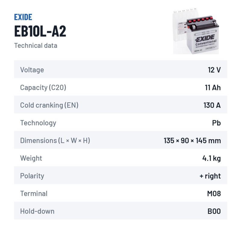 Batería de moto Exide EB10L-A2 12V 11Ah 130A | baterias.com