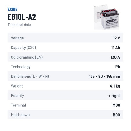 Batería de moto Exide EB10L-A2 12V 11Ah 130A | baterias.com