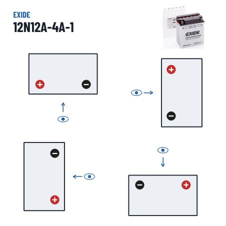 Batteria moto Exide 12N12A-4A-1 12V 12Ah 115A – polarità (schema 1, + a sinistra)