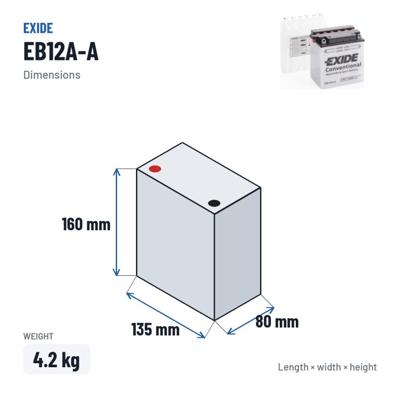 Bateria de mota Exide EB12A-A 12V 12Ah 165A | baterias.com