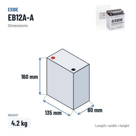Bateria de mota Exide EB12A-A 12V 12Ah 165A | baterias.com