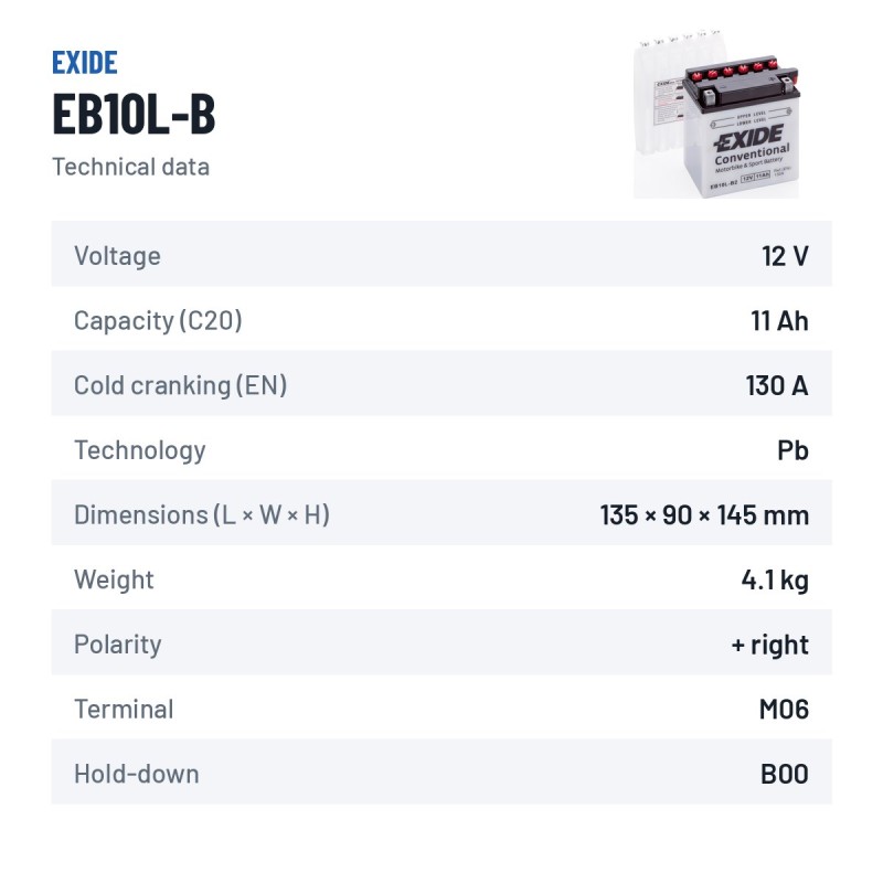 Batteria moto Exide EB10L-B2 12V 11Ah 130A | baterias.com