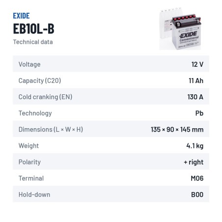 Batteria moto Exide EB10L-B2 12V 11Ah 130A | baterias.com