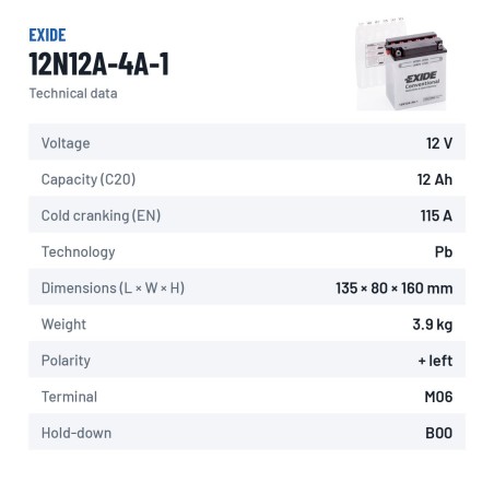 Batterie moto Exide 12N12A-4A-1 12V 12Ah 115A | baterias.com