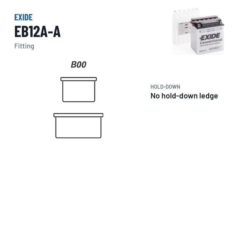Motorcycle battery Exide EB12A-A 12V 12Ah 165A – terminal and hold-down