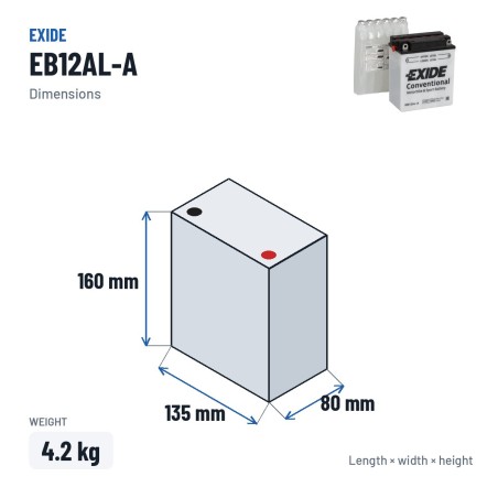 Motorradbatterie Exide EB12AL-A 12V 12Ah 165A | baterias.com
