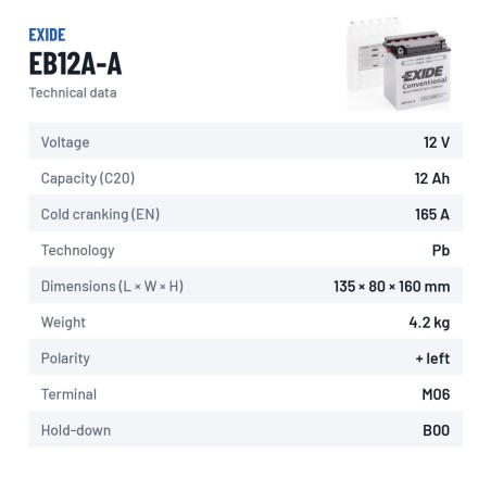 Motorcycle battery Exide EB12A-A 12V 12Ah 165A – technical data
