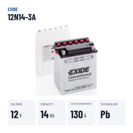 Motorcycle battery Exide 12N14-3A 12V 14Ah 130A – key specs
