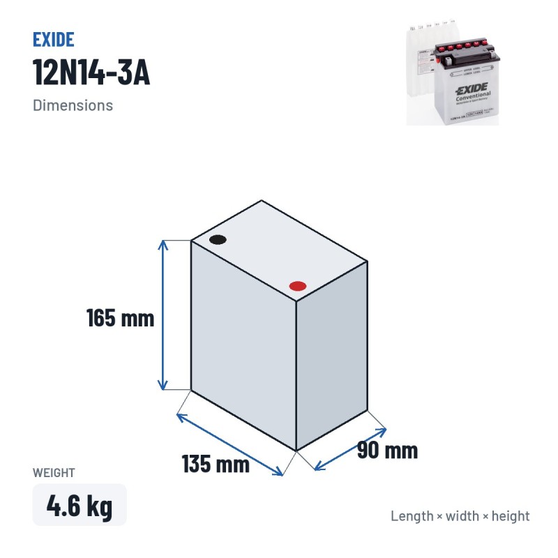 Motorcycle battery Exide 12N14-3A 12V 14Ah 130A – dimensions 135 × 90 × 165 mm