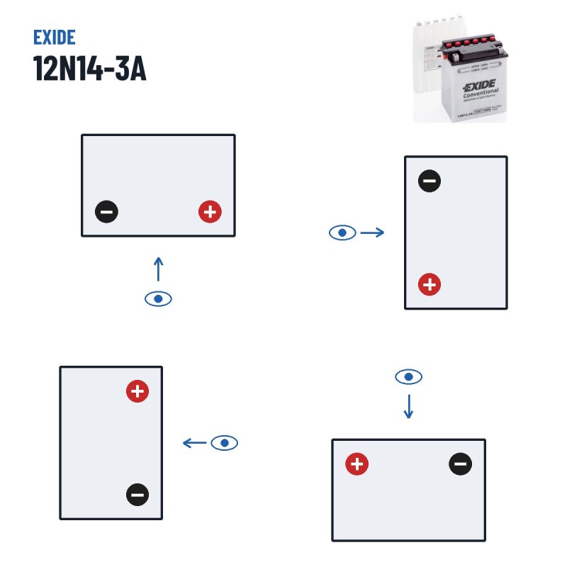 Motorcycle battery Exide 12N14-3A 12V 14Ah 130A – polarity (layout 0, + right)