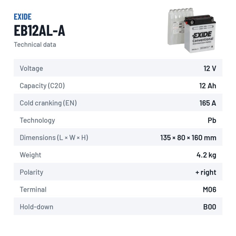 Motorradbatterie Exide EB12AL-A 12V 12Ah 165A | baterias.com
