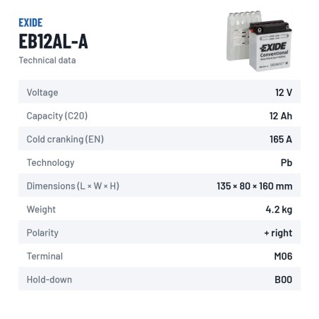 Motorradbatterie Exide EB12AL-A 12V 12Ah 165A | baterias.com