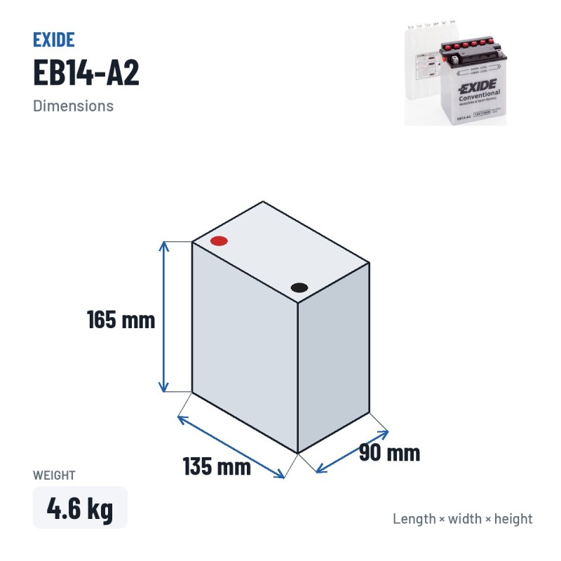 Motorcycle battery Exide EB14-A2 12V 14Ah 145A | baterias.com