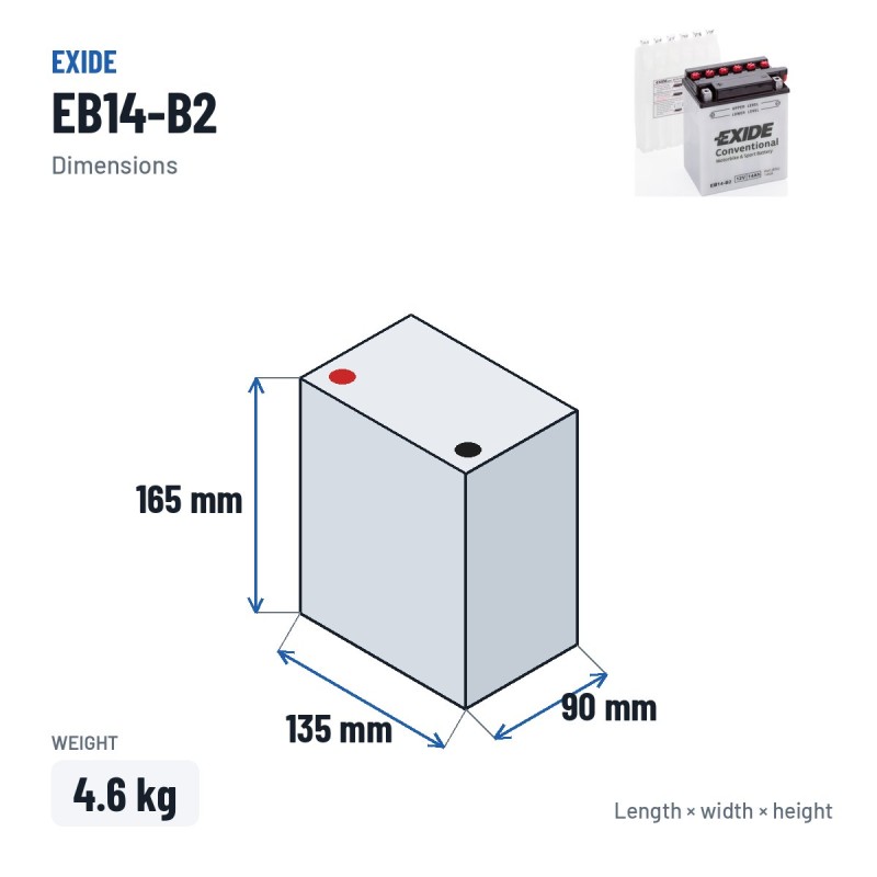 Batería de moto Exide EB14-B2 12V 14Ah 145A | baterias.com