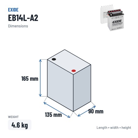 Motorradbatterie Exide EB14L-A2 12V 14Ah 145A – Abmessungen 135 × 90 × 165 mm
