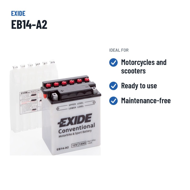 Motorradbatterie Exide EB14-A2 12V 14Ah 145A | baterias.com