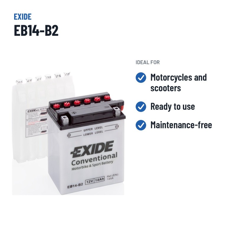 Batería de moto Exide EB14-B2 12V 14Ah 145A | baterias.com