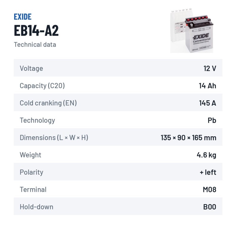 Motorradbatterie Exide EB14-A2 12V 14Ah 145A | baterias.com