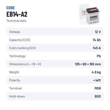 Motorradbatterie Exide EB14-A2 12V 14Ah 145A | baterias.com