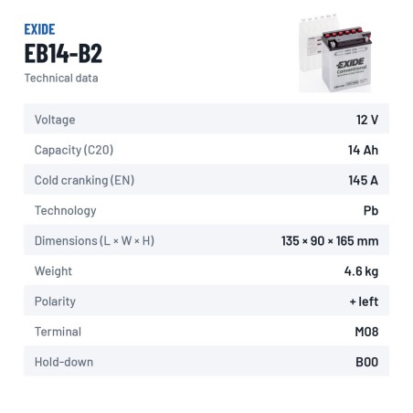 Batería de moto Exide EB14-B2 12V 14Ah 145A | baterias.com