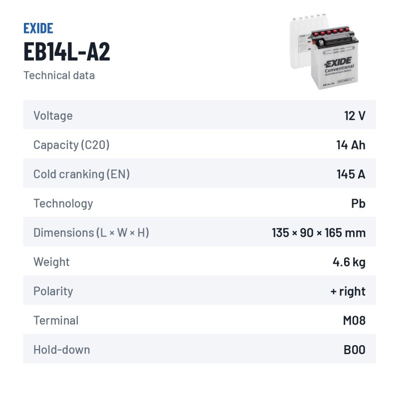 Motorradbatterie Exide EB14L-A2 12V 14Ah 145A – technische Daten