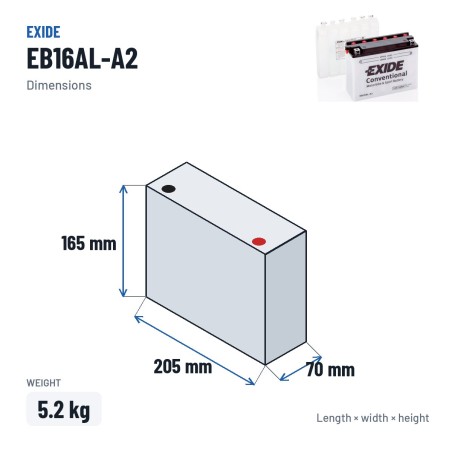 Batería de moto Exide EB16AL-A2 12V 16Ah 175A – medidas 205 × 70 × 165 mm