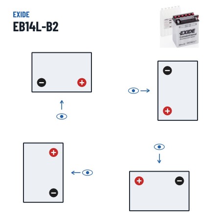 Batterie moto Exide EB14L-B2 12V 14Ah 145A – polarité (schéma 0, + à droite)