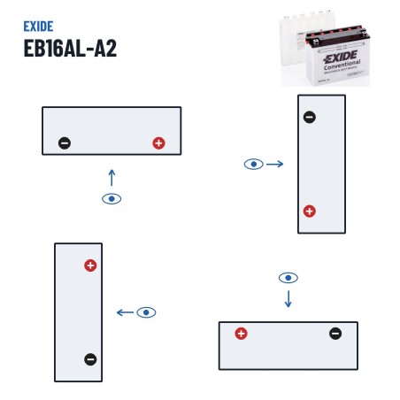 Batería de moto Exide EB16AL-A2 12V 16Ah 175A – polaridad (esquema 0, + derecha)