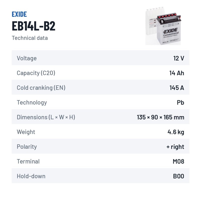 Batterie moto Exide EB14L-B2 12V 14Ah 145A – fiche technique