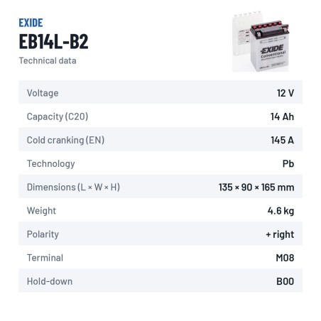 Batterie moto Exide EB14L-B2 12V 14Ah 145A – fiche technique