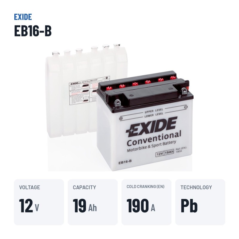 Motorcycle battery Exide EB16-B 12V 19Ah 190A – key specs