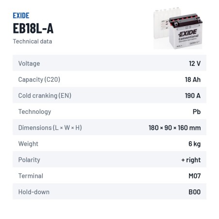 Batería de moto Exide EB18L-A 12V 18Ah 190A – ficha técnica