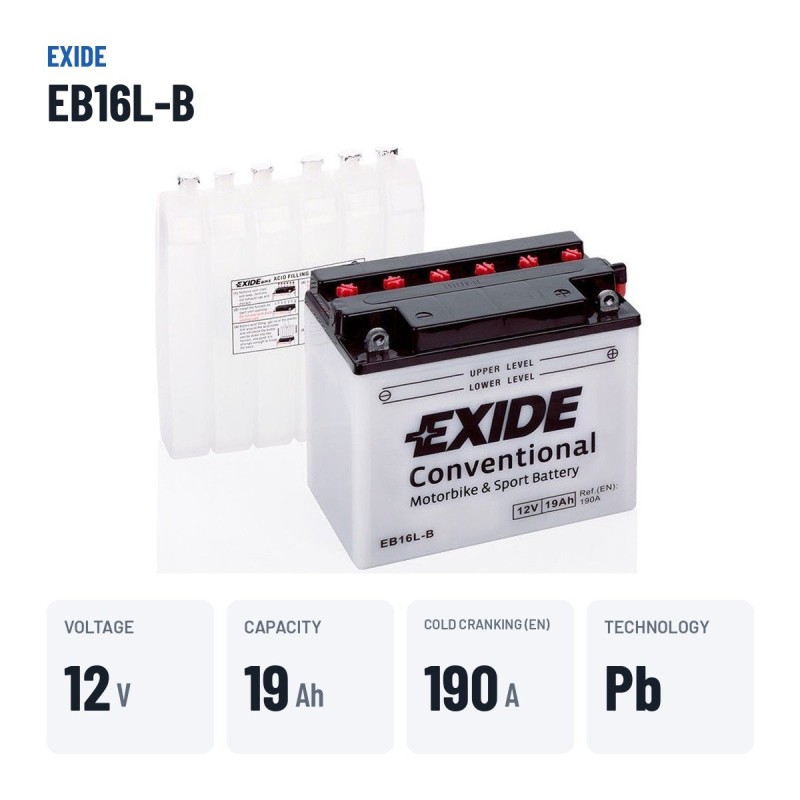 Motorcycle battery Exide EB16L-B 12V 19Ah 190A – key specs