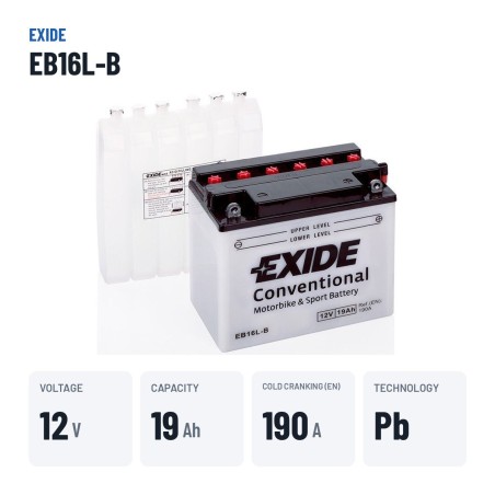 Motorradbatterie Exide EB16L-B 12V 19Ah 190A – wichtigste Daten