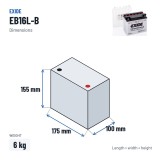 Motorradbatterie Exide EB16L-B 12V 19Ah 190A – Abmessungen 175 × 100 × 155 mm