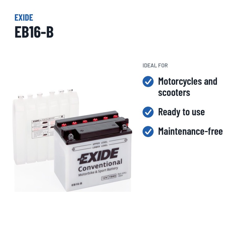 Motorcycle battery Exide EB16-B 12V 19Ah 190A – recommended uses